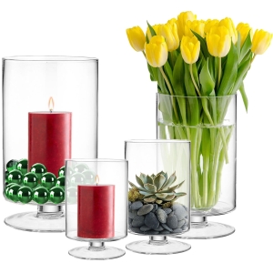 Glass pedestal stemmed candle holder for pillar candle