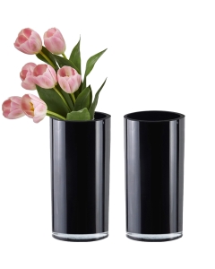 9-inch tall black glass cylinder vase, perfect for creating elegant and dramatic floral arrangements