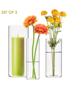 108 pcs Glass Cylinder Bud Vases Set of 3, H-6", D-2" | H-6", D-2.5" | H-8", D-3", Total of 36 Sets