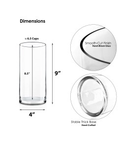 Glass Cylinder Vase H-9" x D-4" Clear (Wholesale Pack of 12)