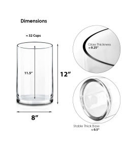 Glass Cylinder Vase H-12" x D-8" Clear (Wholesale Pack of 4)