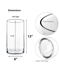 Glass Cylinder Vase Set of 3, D-6" x H-12", 16", 20" (4 Sets - 12 Vases)