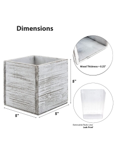 Natural Wood Cube White Planter Box with Plastic Liner, 5" x 5" x 5" (Wholesale 24 PCS/Case)