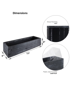 Rectangle Black Planter Wood Box with Plastic Liner 4" x 17" x 5"