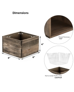 Square Planter Wood Box with Plastic Liner 6" x 6" x 4"