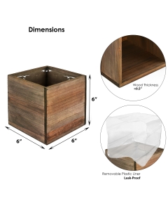 Square Cube Planter Wood Box with Plastic Liner 6" x 6" x 6"