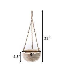 Rustic Hanging Wood Bowl, Natural Finish with Jute Rope, H-23", D-9" (Pack of 6)