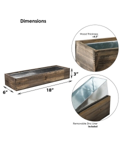 Wood Rectangle Planter Box w/ Zinc Liner Natural H-3"