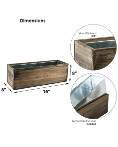 Wood Rectangle Planter Box w/ Zinc Liner Natural H-8"