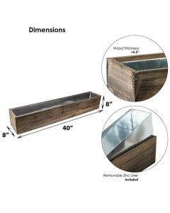 Wood Long Rectangular Planter Box w/ Zinc Liner Natural H-8"