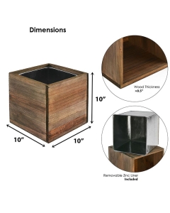 H-10" Open-10" x 10" Wood Cube Planter Box w/ Zinc Liner